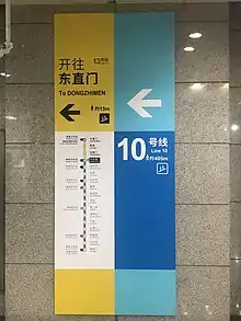 北京地铁芍药居站的导向标识,显示10号线和13号线的换乘信息