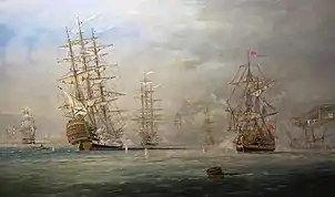 1853年的最後一次帆船之戰。弗拉基米爾·科索夫(Vladimir Kosov)畫作中的錫諾普戰役。