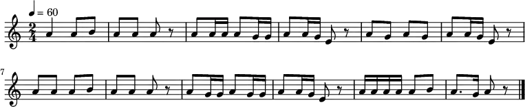 {
\key a \minor \time 2/4 \tempo 4=60 \relative d' {
a'4 a8 b| a a a r| a a16 a a8 g16 g| a8 a16 g e8 r|
a8 g a g a a16 g e8 r| a a a b| a a a r|
a g16 g a8 g16 g| a8 a16 g e8 r| a16 a a a a8 b a8. g16 a8 r \bar "|."
}
\addlyrics {
か ご め か ご め か ご の な か の と り ー は
い つ い つ で や ー る よ あ け の ば ん に
つ る と か め と す べ っ た う し ろ の しょう めん だ ー れ
}
}