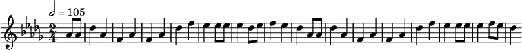 \relative c'' {
\set Staff.midiInstrument = #"piano"
\tempo 2 = 105
\key des \major
\time 2/4
\partial 4 as8 as des4 as f as f as des f es es8 es es4 des8 es f4 es des as8 as des4 as f as f as des f es es8 es es4 f8 es8 des4
}
