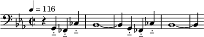 \relative g,
{
\time 2/2
\tempo 4 = 116
\key ees \major \clef bass
r4 g-_ fes-_ ces'-_ bes1~ bes4 g-_ fes-_ ces'-_ bes1~ bes4
}