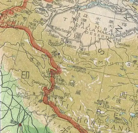 1947 年的中华民国地图，显示以空喀山口为边界。