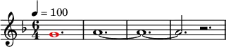 \relative g'
{
\time 6/4
\tempo 4 = 100
\key f \major
\override Voice.NoteHead.color = #(rgb-color 1 0 0)g1. \override Voice.NoteHead.color = #(rgb-color 0 0 0)a1.~ a1.~ a2. r2.
}