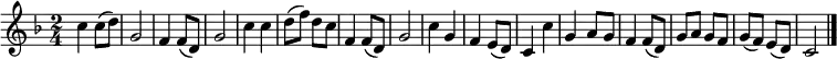 {
\set Staff.midiInstrument = #"harmonica"
\time 2/4 \key f \major c''4 c''8 ( d'' ) | g'2 | f'4 f'8 ( d' ) | g'2 | c''4 c'' | d''8 ( f'' ) d'' c'' | f'4 f'8 ( d' ) | g'2 | c''4 g' | f' e'8 ( d' ) | c'4 c'' | g' a'8 g' | f'4 f'8 ( d' ) | g' a' g' f' | g' ( f' ) e' ( d' ) | c'2 \bar "|." }
\addlyrics {东 方 红, 太 阳 升, 中 国 出 了 个 毛 泽 东。 他 为 人 民 谋 幸 福, (呼 儿 嗨 哟) 他 是 人 民 大 救 星。}