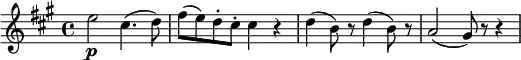 \new Score {
\new Staff = "clarinet" {
\transpose c a
\relative c'' {
\set Staff.midiInstrument = #"clarinet"
\clef treble
\key c \major
\time 4/4
\set Score.tempoHideNote = ##t
\tempo 4 = 120
g2\p e4.( f8) | a8( g) f-. e-. e4 r |
f4( d8) r f4( d8) r | c2( b8) r r4
}
}
}