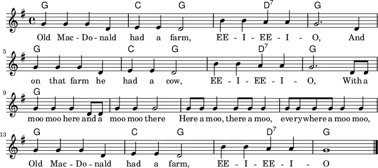 <<
\new ChordNames \chordmode {
\time 4/4
\set chordChanges = ##t
g1
c2 g1
d2:7
g1
g1
c2 g1
d2:7
g1
g1
g1
g1
g1
g1
c2 g1
d2:7
g1
}
<<
\new Staff {
\relative c'' {
\key g \major
\time 4/4
g4 g g d
e e d2
b'4 b a a
g2. d4 \break
g4 g g d
e e d2
b'4 b a a
g2. d8 d \break
g4 g g d8 d
g4 g g2
g8 g g4 g8 g g4
g8 g g g g4 g \break
g g g d
e e d2
b'4 b a a
g1
\bar "|."
} }
\addlyrics {
\lyricmode {
Old Mac -- Do -- nald had a farm, EE -- I -- EE -- I -- O,
And on that farm he had a cow, EE -- I -- EE -- I -- O,
With a moo moo here and a moo moo there
Here a moo, there a moo, eve -- ry -- where a moo moo,
Old Mac -- Do -- nald had a farm, EE -- I -- EE -- I -- O
} }
>>
>>