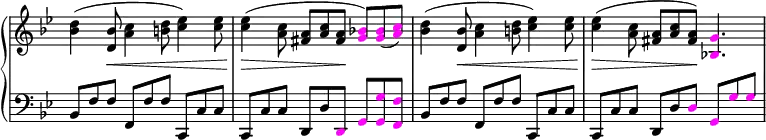 \relative c' {
\new PianoStaff <<
\new Staff \with { \remove "Time_signature_engraver" } { \key g \minor \time 9/8 \tempo 8 = 96
\set Score.tempoHideNote = ##t
<bes' d>4 (<d, bes'>8\< <a' c>4 <b d>8 <c ees>4) <c ees>8 | <c ees>4(\> <a c>8 <fis a> <a c> <fis a>\! \override Voice.NoteHead.color = #(rgb-color 1 0 1) <g bes!>8) <g bes>8 (<a c>8) \override Voice.NoteHead.color = #(rgb-color 0 0 0) |
<bes d>4 (<d, bes'>8\< <a' c>4 <b d>8 <c ees>4) <c ees>8 | <c ees>4(\> <a c>8 <fis a> <a c> <fis a>\!) \override Voice.NoteHead.color = #(rgb-color 1 0 1) <bes,! g'>4. \override Voice.NoteHead.color = #(rgb-color 0 0 0)|
}
\new Staff \with { \remove "Time_signature_engraver" } { \key g \minor \time 9/8 \clef bass \stemUp
bes,8 f' f f, f' f c, c' c | c, c' c d, d' \override Voice.NoteHead.color = #(rgb-color 1 0 1) d, g <g g'> <f f'> \override Voice.NoteHead.color = #(rgb-color 0 0 0) | bes8 f' f f, f' f c, c' c | c, c' c d, d' \override Voice.NoteHead.color = #(rgb-color 1 0 1) d g, g' g \override Voice.NoteHead.color = #(rgb-color 0 0 0) |
}
>>
}