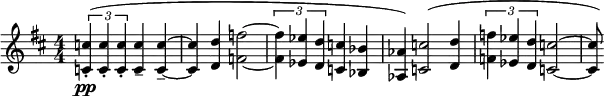 \relative c' {
\key d \major
\numericTimeSignature
\time 4/4
\tuplet 3/2 { <c' c,>4-.\pp(<c c,>-. <c c,>-.} <c c,>-- <c c,>-- ~ |
<c c,>\< <d d,> <f f,>2 ~ |
\tuplet 3/2 { <f f,>4\> <ees ees,> <d d,>} <c c,> <bes bes,> |
<aes aes,>) <c c,>2( <d d,>4 |
\tuplet 3/2 { <f f,> <ees ees,> <d d,> } <c c,>2 ~ | <c c,>8) |
}