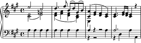 \version "2.18.2"
\header {
tagline = ##f
}
upper = \relative c' {
\clef treble
\key a \major
\time 4/4
\tempo 4 = 130
%\override TupletBracket.bracket-visibility = ##f
%%Mozart — Concerto 23 mvt 1, th. 1
<< { e'2~ cis d4. fis8 b,( d) gis,( b) < a cis, >4( < gis e > < fis d > < e cis >) q4. < gis e >16 < fis d > < e cis >4 r4 } \\ { < e cis >2( < g e >) < fis d >4( < a fis > < fis d > < d b >) e, } >>
}
lower = \relative c {
\clef bass
\key a \major
\time 4/4
a'4 a a a a a a a
<< { a4 r4 r2 a2. } \\ { r4 r2 a4 r4 d,4 a' a, } >>
}
\header {
}
\score {
\new PianoStaff <<
\new Staff = "upper" \upper
\new Staff = "lower" \lower
>>
\layout {
\context {
\Score
\remove "Metronome_mark_engraver"
}
}
\midi { }
}