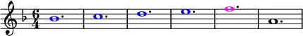 \relative g'
{
\time 6/4
\key f \major
\override Voice.NoteHead.color = #(rgb-color 0 0 1 )bes1. c1. d1. e1. \override Voice.NoteHead.color = #(rgb-color 1 0 1 )f1. \override Voice.NoteHead.color = #(rgb-color 0 0 0 )a,1.
}