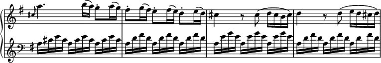 \relative c' {
\new PianoStaff <<
\new Staff \with { \remove "Time_signature_engraver" } { \key g \major \time 3/4
\grace cis'16~ a'4. b16( a) g8-. a16( g) fis8-. g16( fis) e8-. fis16( e) d8-. e16( d) cis4 r8 cis( d16 cis b cis) d4 r8 d( e16 d cis d)
}
\new Staff \with { \remove "Time_signature_engraver" } { \key g \major \time 3/4 \clef bass
a,16 cis e cis a cis e cis a cis e cis a d fis d a d fis d a d fis d a e' g e a, e' g e a, e' g e a, d fis d a d fis d a d fis d
}
>>
}