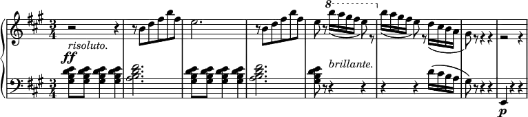 \relative c' {
\new PianoStaff <<
\new Staff { \key fis \minor \time 3/4
\tempo \markup {
\column {
}
}
r2_\markup { \italic risoluto. } r4 r8 b' d fis b fis e2. r8 b d fis b fis e8 r \ottava #1 \set Staff.ottavation = #"8"
\voiceTwo b''16( a gis fis e8) r \ottava #0 b16( a gis fis e8) r d16( cis b a gis8) r r4 r r2 r4
}
\new Dynamics {
s2\ff s4 s8 s s s s s s2. s8 s s s s s s8 s s16_\markup { \italic brillante. }
}
\new Staff { \key fis \minor \time 3/4 \clef bass
<gis, b d e>8 <gis b d e> <gis b d e>4 <gis b d e> <a b d fis>2. <gis b d e>8 <gis b d e> <gis b d e>4 <gis b d e> <a b d fis>2. <gis b d e>8 r r4 r r r d'16( cis b a gis8) r r4 r e,\p r r
}
>>
}