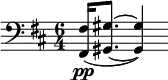 \relative c' {
\key d \major
\numericTimeSignature
\time 6/4
\clef bass
<fis, fis,>16\pp ( <gis gis,>8. ~ <gis gis,>4)
}