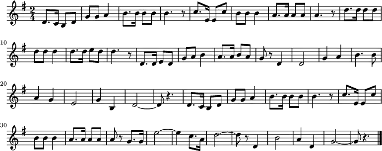 \relative c' {
\new PianoStaff <<
\new Staff { \key g \major \time 2/4
d8. c16 b8 d | g g a4 | b8. b16 b8 b | b4. r8 | c8. e,16 e8 c' | b b b4 | a8. a16 a8 a | a4. r8 |
d8. d16 d8 d | d d d4 | d8. d16 e8 d | d4. r8 | d,8. d16 e8 d | g a b4 | a8. a16 b8 a | g r d4 |
d2 | g4 a | b4. b8 | a4 g | e2 | g4 b, | d2 ~ | d8 r4. |
d8. c16 b8 d | g g a4 | b8. b16 b8 b | b4. r8 | c8. e,16 e8 c' | b b b4 | a8. a16 a8 a | a8 r g8. g16 |
e'2 ~ | e4 c8. a16 | d2 ~ | d8 r d,4 | b'2 | a4 d, | g2 ~ | g8 r4. \bar "|."
}
\addlyrics{
み よ と う か い の そ ら あ け て
きょ く じ つ た か く か が や け ば
て ん ち の せ い き は つ ら つ と
き ぼ う は お ど る お お や し ま
お お せ い ろ う の あ さ く も に
そ び ゆ る ふ じ の す が た こ そ
き ん お う む け つ ゆ る ぎ な き
わ が にっ ぽ ん の ほ こ り な れ
}
>>
}