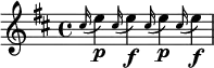 \transpose g a { %将C调转为E调,显示效果与固定调写法相同
\relative c'' {
\key c \major
\appoggiatura b16 d4_\markup{\dynamic p} \appoggiatura b16 d4_\markup{\dynamic f} \appoggiatura b16 d4_\markup{\dynamic p} \appoggiatura b16 d4_\markup{\dynamic f}
}
}