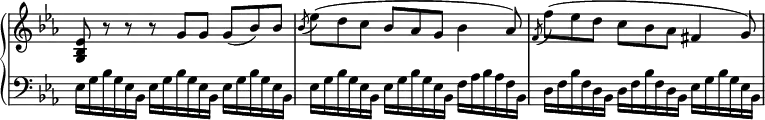 \relative c' {
\new PianoStaff <<
\new Staff \with { \remove "Time_signature_engraver" } { \key es \major \time 9/8 \tempo 8 = 96
\set Score.tempoHideNote = ##t
<es bes g>8 r r r g g g( bes) bes \acciaccatura bes es( d c bes aes g bes4 aes8) \acciaccatura f f'( es d c bes aes fis4 g8)
}
\new Staff \with { \remove "Time_signature_engraver" } { \key es \major \time 9/8 \clef bass
ees,16 g bes g ees bes ees16 g bes g ees bes ees16 g bes g ees bes | ees16 g bes g ees bes ees16 g bes g ees bes f' aes bes aes f bes, | d f bes f d bes d f bes f d bes ees g bes g ees bes |
}
>>
}