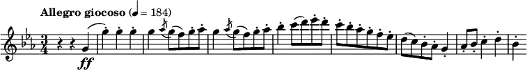 {
\key c \minor \tempo "Allegro giocoso" 4=184 \time 3/4 \relative c'' {
r4 r4 g4\ff( g'4-.) g4-. g4-.| g4 \acciaccatura aes8 g8( f) g8-. aes8-.| g4 \acciaccatura aes8 g8( f) g8-. aes8-.|
bes4-. c8( d) ees-. d-.| c-. bes-. aes-. g-. f-. ees-.| d( c) bes-. aes-. g4-.|
aes8-. bes-. c4-. d4-.| bes4-.
}
}