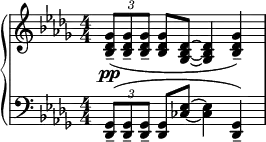 \relative b' {
\new PianoStaff <<
\new Staff {
\numericTimeSignature \key des \major \time 4/4
\tuplet 3/2 {<ges des bes>8--\pp( <ges des bes>-- <ges des bes>--}
<ges des bes> <des bes ges> ~ <des bes ges>4 <ges des bes>--)|
}
\new Staff {
\numericTimeSignature \key des \major \time 4/4 \clef bass
\tuplet 3/2 {<ges,, des>8--( <ges des>-- <ges des>-- }
<ges des> <ces es> ~ <ces es>4 <ges des>)-- |
}
>>
}