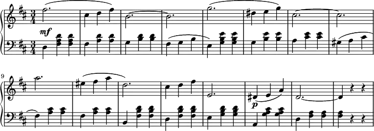 \relative c' {
\new PianoStaff <<
\new Staff { \key b \minor \time 3/4
\tempo \markup {
\column {
}
}
fis'2.( cis4 d fis) b,2.~ b g'( dis4 e g) cis,2.~ cis a' eis4( fis a d,2.) cis4 d fis e,2. dis4\p( e a) d,2.~ d4 r r
}
\new Dynamics {
s\mf
}
\new Staff { \key b \minor \time 3/4 \clef bass
d, <fis a d> <fis a d> fis <a d> <a d> g <b d> <b d> fis( g b e,) <g b e> <g b e> g <b e> <b e> a <cis e> <cis e> gis( a cis fis,) <a cis> <a cis> fis <a cis> <a cis> b, <fis' b d> <fis b d> d <fis b d> <fis b d> e <g b d> <g b d> a, <g' a cis> <g a cis> d <fis a> <fis a> <fis a> r r
}
>>
}