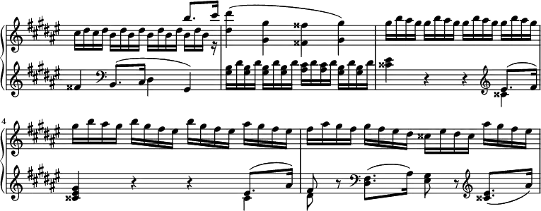 \relative c' {
\new PianoStaff <<
\new Staff \with { \remove "Time_signature_engraver" } { \key fis \major \time 4/4
<<
{
s4 s4 s4 b''8. cis16
}
\\
{ cis,16 dis cis dis b dis b dis b dis b dis b dis b r \slurUp <dis dis'>4 (<gis, gis'> <fisis fisis'> <gis gis'>) gis'16 b ais gis gis b ais gis gis b ais gis gis b ais gis gis b ais gis b gis fis eis b' gis fis eis ais gis fis eis
fis ais gis fis gis fis eis dis cisis eis dis cisis ais' gis fis eis}
>>
}
\new Staff \with { \remove "Time_signature_engraver" } { \key fis \major \time 4/4
fisis,4 \clef bass b,,8. (cis16 dis4 gis,) <gis' b>16 dis' <gis, b> dis' <gis, b> dis' <gis, b> dis' <ais cis> dis <ais cis> dis <gis, b> dis' <gis, b> dis' <cisis eis>4 r r \clef treble << {eis8. (fis16)} \\ {cisis4} >> <cisis eis gis>4 r4 r4 << {eis8. (ais16)} \\ {cisis,4} >> << {fis8} \\ {dis8} >> r \clef bass <dis, fis>8. (ais'16) <eis gis>8 r \clef treble <cisis' eis>8. (ais'16)
}
>>
}