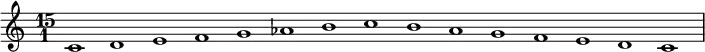 \relative c' {
\key c \major \time 15/1
c1 d1 e1 f1 g1 aes1 b1 c1 b1 aes1 g1 f1 e1 d1 c1
}