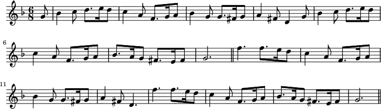 \new Staff {
\time 6/8
\clef treble
\key f \major
\relative c'' {
\partial8 g8
bes4 c8 d8. e16 d8
c4 a8 f8. g16 a8
bes4 g8 g8.fis16 g8
a4 fis8 d4 g8
bes4 c8 d8. e16 d8
c4 a8 f8. g16 a8
bes8. a16 g8 fis8. e16 fis8
g2. \bar "||"
f'4. f8. e16 d8
c4 a8 f8. g16 a8
bes4 g8 g8. fis16 g8
a4 fis8 d4.
f'4. f8. e16 d8
c4 a8 f8. g16 a8
bes8. a16 g8 fis8. e16 fis8
g2. \bar "||"
}
}