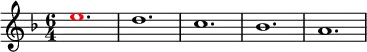 \relative g'
{
\time 6/4
\key f \major
\override Voice.NoteHead.color = #(rgb-color 1 0 0)e'1. \override Voice.NoteHead.color = #(rgb-color 0 0 0)d1. c1. bes1. a1.
}