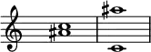 \relative c' {
\key c \major \time 1/1 \hide Staff.TimeSignature
<c' ais>1 <c, ais''>1
}