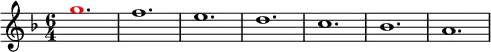 \relative g'
{
\time 6/4
\key f \major
\override Voice.NoteHead.color = #(rgb-color 1 0 0)g'1. \override Voice.NoteHead.color = #(rgb-color 0 0 0)f1. e1. d1. c1. bes1. a1.
}