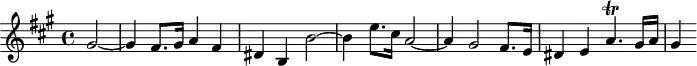 \version "2.18.2"
\header {
tagline = ##f
}
\score {
\new Staff \with {
}
<<
\relative c'' {
\key a \major
\time 4/4
\tempo 4 = 125
\override TupletBracket #'bracket-visibility = ##f
%%Mozart — Concerto 23, mvt 1, th. 2
\partial 2 gis2~ gis4 fis8. gis16 a4 fis dis b b'2~ b4 e8. cis16 a2~ a4 gis2 fis8. e16 dis4 e a4.\trill gis16 a gis4
}
>>
\layout {
\context { \Score \remove "Metronome_mark_engraver" }
}
\midi {}
}