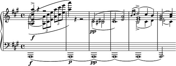 \new PianoStaff <<
\new Staff = "r" <<
\clef "violin"
\key a \major
\new Voice {
\voiceOne
\relative {
< a e' cis' a' >4\f\accent r r2
s1
e'2( dis
e2 < e a >)
<< { \grace { b'16( cis } d2\accent )( cis4 b) } \\ gis1 e >>
<< e2. { <gis b>2( <a cis>4) } >>
}
}
\new Voice {
\voiceTwo
\relative {
<a~ a'~>2^(_( \tuplet 3/2 { <a a'>8 <cis cis'> <e e'> } \tuplet 3/2 { < a a'> <cis cis'> <e e'> }
<a a'>4)) r r2
cis,,2\pp( bis
cis1)
b2\accent( cis4 d)
d2( cis4)
}
}
>>
\new Staff = "l" <<
\clef "bass"
\key a \major
\new Voice {
\relative { a,,1\f( a\p)( a\pp) ( a) ( a) ( a2.) }
}
>>
>>