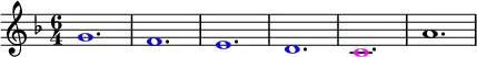 \relative g'
{
\time 6/4
\key f \major
\override Voice.NoteHead.color = #(rgb-color 0 0 1 )g1. f1. e1. d1. \override Voice.NoteHead.color = #(rgb-color 1 0 1 )c1. \override Voice.NoteHead.color = #(rgb-color 0 0 0 )a'1.
}