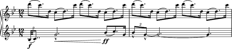 \relative b' {
\new PianoStaff <<
\new Staff {
\numericTimeSignature \key bes \major \time 12/8
d'8\ff\>( c8.) d,16 c8\<( d8.) c'16 d8\ff\>( c8.) d,16 c8\<( d8.) c'16 |
d8\ff\>( c8.) d,16 c8\<( d8.) c'16 d8\ff\>( c8.) d,16 c8\<( d8.) c'16
}
\new Staff {
\numericTimeSignature \key bes \major \time 12/8
\tuplet 2/3 { bes,,32\f( c8..) } g'2.-^\< bes8\ff( c8.) g16 |
\tuplet 2/3 { bes8-^ g-^~ } g2.~ g4.
}
>>
}