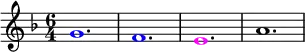 \relative g'
{
\time 6/4
\key f \major
\override Voice.NoteHead.color = #(rgb-color 0 0 1 )g1. f1. \override Voice.NoteHead.color = #(rgb-color 1 0 1)e1. \override Voice.NoteHead.color = #(rgb-color 0 0 0)a1.
}