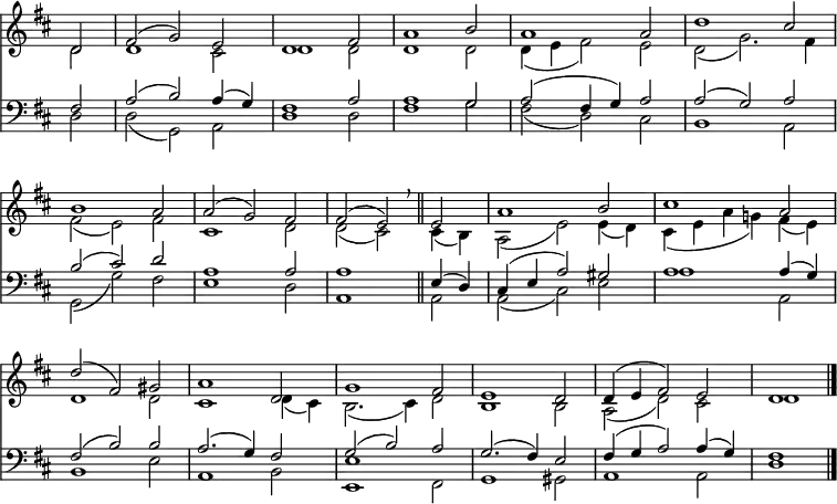 << <<
\new Staff { \clef treble \time 3/2 \partial 2 \key d \major \set Staff.midiInstrument = "flute" \omit Staff.TimeSignature \set Score.tempoHideNote = ##t \override Score.BarNumber #'transparent = ##t
\relative c'
<< { d2 | fis( g) e | d1 fis2 | a1 b2 | a1 a2 | d1 cis2 | \break
b1 a2 | a( g) fis | fis( e) \breathe \bar"||" e | a1 b2 | cis1 a2 |
d( fis,) gis | a1 d,2 | g1 fis2 | e1 d2 | d4( e fis2) e | d1 \bar"|." } \\
{ d2 | d1 cis2 | d1 d2 | d1 d2 | d4( e fis2) e | d( g2.) fis4 |
fis2( e) fis | cis1 d2 | d( cis) cis4( b) | a2( e') e4( d) | cis( e a g!) fis( e) |
d1 d2 | cis1 d4( cis) | b2.( cis4) d2 | b1 b2 | a( d) cis | d1 } >>
}
\new Staff { \clef bass \key d \major \set Staff.midiInstrument = "flute" \omit Staff.TimeSignature
\relative c
<< { fis2 | a( b) a4( g) | fis1 a2 | a1 g2 | a( fis4 g) a2 | a( g) a |
b( cis) d | a1 a2 | a1 e4( d) | cis( e a2) gis | a1 a4( g) |
fis2( b) b | a2.( g4) fis2 | g( b) a | g2.( fis4) e2 | fis4( g a2) a4( g) | fis1 } \\
{ d2 | d( g,) a | d1 d2 | fis1 g2 | fis( d) cis | b1 a2 |
g( g') fis | e1 d2 | a1 a2 | a( cis) e | a1 a,2 |
b1 e2 | a,1 b2 | <e e,>1 fis,2 | g1 gis2 | a1 a2 | d1 } >>
}
>> >>
\layout { indent = #0 }
\midi { \tempo 2 = 68 }