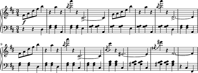 \relative c' {
\new PianoStaff <<
\new Staff { \key b \minor \time 3/4
\tempo \markup {
\column {
}
}
fis8 a d fis b4 r a r \slashedGrace a8( a'4) r cis,,,2.->~ cis4 g'8 a cis e b'4 r a r \slashedGrace a8( a'4) r d,,,2.->~ d4 fis8 a d fis b4 r a r \slashedGrace a8( a'4) r cis,,,2.->~ cis4 \slashedGrace cis'8( cis'4) r eis,,2.~ eis4 \slashedGrace eis'8( eis'4) r fis,,2.~ fis4
}
\new Dynamics {
s\f
}
\new Staff { \key b \minor \time 3/4 \clef bass
r4 r d, <fis a> <fis a> a, <fis' a> <fis a> e <g a> <g a> a, <g' a> <g a> e <g a> <g a> a, <g' a> <g a> d <fis a> <fis a> a, <fis' a> <fis a> d <fis a> <fis a> d <fis a> <fis a> cis <fis a> <fis a> cis <fis a cis> <fis a cis> cis <gis' b cis> <gis b cis> cis, <gis' b cis> <gis b cis> <fis a cis> r cis fis,
}
>>
}
