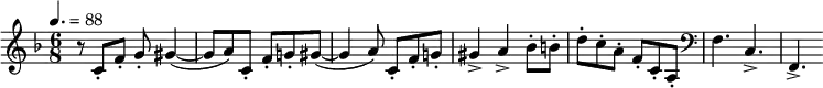 \relative c' { \clef treble \key f \major \tempo 4.=88 \time 6/8 r8 c-. f-. g-. gis4~( | gis8 a) c,-. f-. g!-. gis~( | gis4 a8) c,-. f-. g!-. | gis4-> a-> bes8-. b-. | d-. c-. a-. f-. c-. a-. | \clef bass f4. c-> | f,-> }