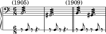 \relative c' {
\new PianoStaff <<
\new Staff {
\numericTimeSignature \key c \major \time 6/8 \clef bass
\mark " (1905)" b,2.:32\> | gis:32
\bar "||"
\mark " (1909)" b4.:32\> gis:32 |
}
\new RhythmicStaff { \time 6/8
r8 b8 r r4. | r8 b8 r r4.
\bar "||"
r8 b r r b r
}
>>
}
