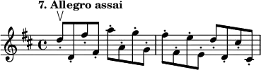 
%etude7
\relative d''
{  
\time 4/4 
\tempo "7. Allegro assai"
\key d \major
d8-. \upbow d,-. fis'-. fis,-. a'-. a,-. g'-. g,-. fis'-. fis,-. e'-. e,-. d'-. d,-. cis'-. cis,-.
} 
