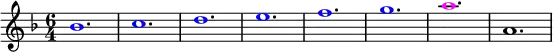 \relative g'
{
\time 6/4
\key f \major
\override Voice.NoteHead.color = #(rgb-color 0 0 1 )bes1. c1. d1. e1. f1. g1. \override Voice.NoteHead.color = #(rgb-color 1 0 1 )a1. \override Voice.NoteHead.color = #(rgb-color 0 0 0 )a,1.
}
