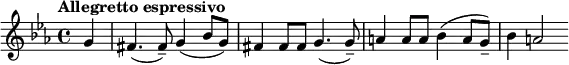 {\key c \minor \tempo "Allegretto espressivo" \partial 4 g'4 fis'4.( fis'8--) g'4( bes'8 g'8) fis'4 fis'8 fis'8 g'4.( g'8--) a'4 a'8 a'8 bes'4( a'8 g'8--) bes'4 a'2 }