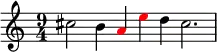 \relative a'
{
\time 9/4
cis2 b4 \override Voice.NoteHead.color = #(rgb-color 1 0 0) a4 e'4 \override Voice.NoteHead.color = #(rgb-color 0 0 0) d4 cis2.
}
