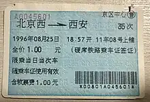 1996年5月全路统一电子售票票样后售出的软纸车票
