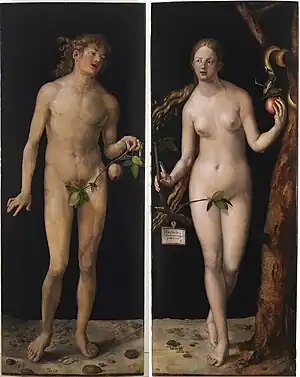 阿爾布雷希特·杜勒的《亞當和夏娃》，兩幅均為209 × 81cm，約繪於1507年，1827年始藏，來自腓力四世的收藏
