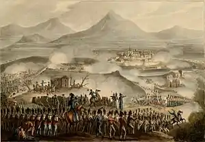 Panoramic view of the battle with allied troops in the foreground and a fortified Toulouse in the middle distance