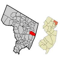 Map highlighting Tenafly's location within Bergen County. Inset: Bergen County's location within New Jersey