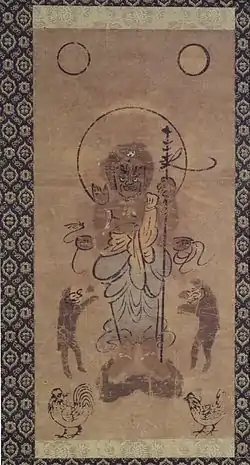 江戸時代的掛軸畫。中央是青面金剛，加上日月、二猿二雞。