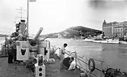 1941年二戰時義大利皇家海軍的一艘軍艦停泊在意大利佔領下（英语：）的斯普利特的港口，可見戴克里先宮在右方