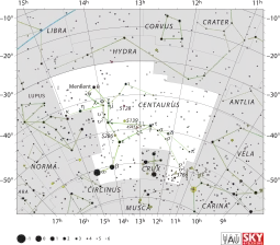 半人馬座及其周圍恒星位置和邊界的星圖。