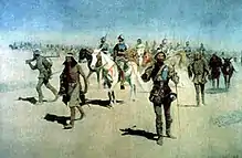 該圖描繪一群武裝人員出發的場景,其中一部分的人騎在馬上。